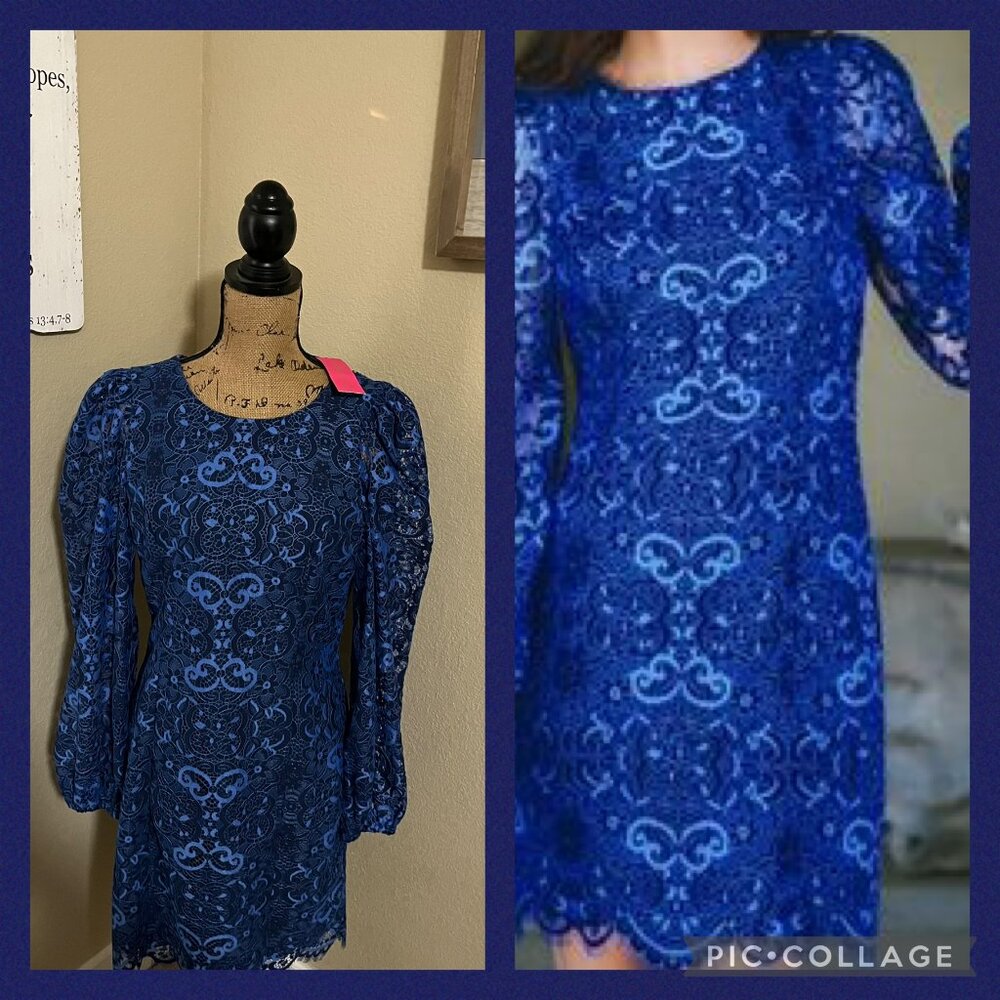 Lilly Pulitzer Georgi Long Sleeve Dress Boca Blue Two tone Carnival Lace